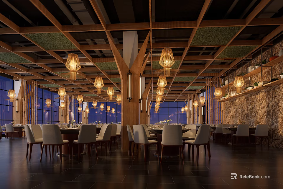 Elegant Restaurant Interior With Wooden Beams Pendant Lights And Stone Walls 3d model 