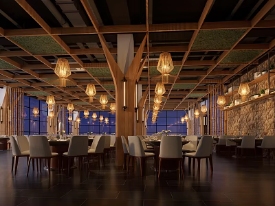Elegant Restaurant Interior With Wooden Beams Pendant Lights And Stone Walls 3d model