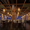 Elegant Restaurant Interior With Wooden Beams Pendant Lights And Stone Walls