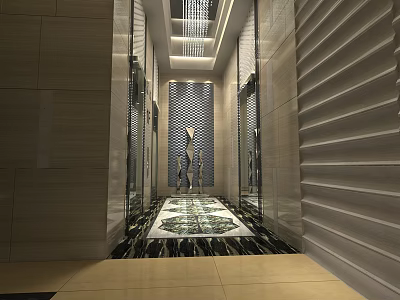 Modern Elevator Lobby Interior Design With Marble Walls And Decorative Floor 3d model