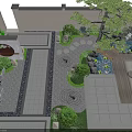 Tranquil Courtyard Garden With Stone Pathway Green Plants Water Feature And Wooden Pergola