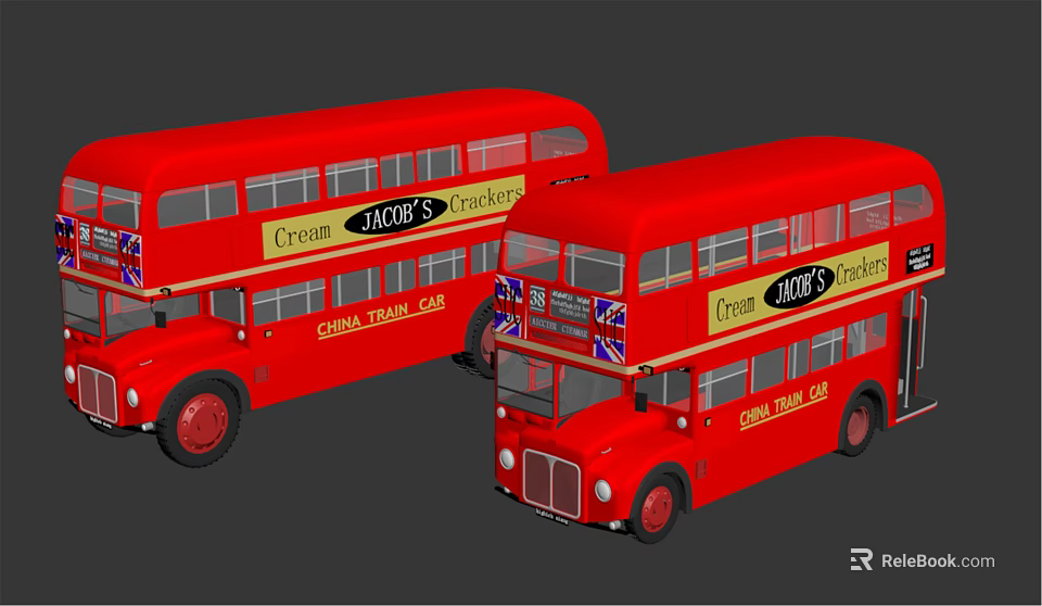 Red Double Decker City Tour Buses With JOVES Advertising And Union Jack Design 3d model 