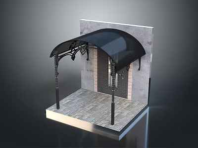 Wrought Iron Exterior Gate with Black Awning Gray Wall and Stone Slab Floor 3d model