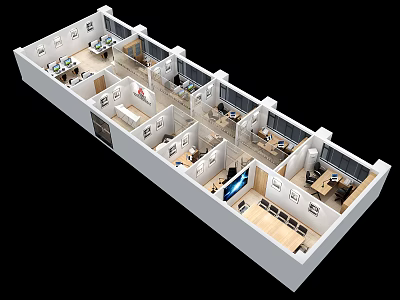Bird's Eye View of Modern Office Workspace Layout With Multiple Rooms Desks and Seating 3d model
