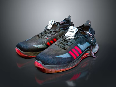 Black Sports Shoes With Red Soles Red Side Stripes White Laces Mesh And Textured Soles 3d model