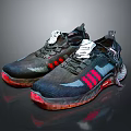 Black Sports Shoes With Red Soles Red Side Stripes White Laces Mesh And Textured Soles
