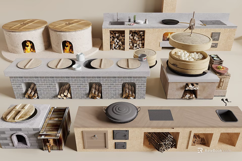 Traditional Kitchen Utensils With Stone Stoves Steaming Baskets Iron Woks Firewood And Stone Slab Countertops 3d model 