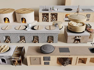 Traditional Kitchen Utensils With Stone Stoves Steaming Baskets Iron Woks Firewood And Stone Slab Countertops 3d model