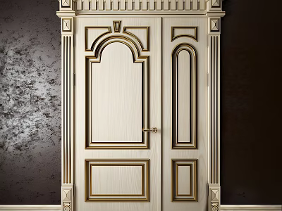 Elegant Classic Wooden Double Door With Golden Trim And Carved Frame Design 3d model
