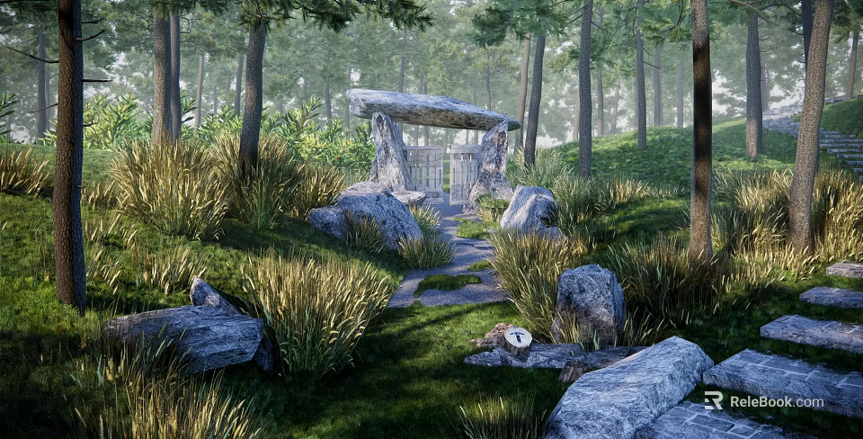 Natural Building Exterior Wall Design With Stone Rocks Trees and Green Grass Surroundings 3d model 