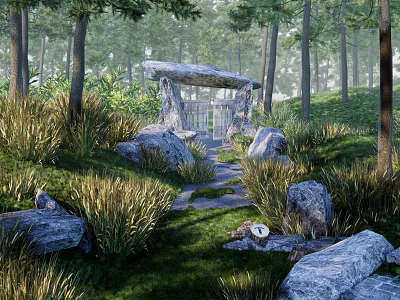 Natural Building Exterior Wall Design With Stone Rocks Trees and Green Grass Surroundings 3d model