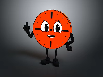Orange Round Cartoon Clock Character With Anthropomorphic Eyes Arms Legs Raising Index Finger 3d model