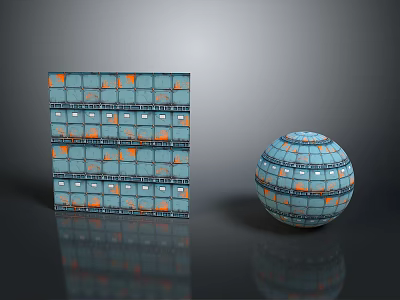 Blue Orange Patterned Layered Cuboid And Spherical Equipment With Reflective Surfaces 3d model