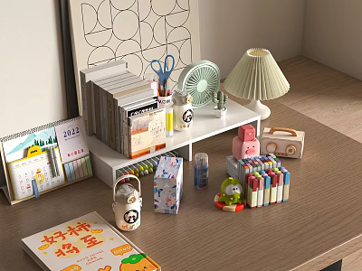 Cozy Study Desk with Books Stationery 2023 Calendar Lamp and Decorative Pieces 3d model