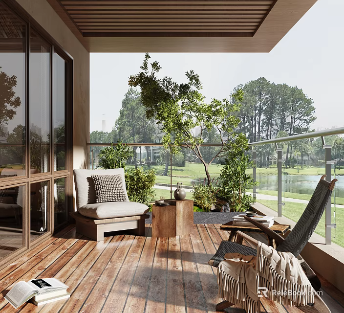 Modern Home Balcony Design With Outdoor Lounge Chairs Wooden Floor And Green Plants 3d model 