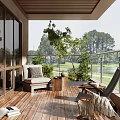Modern Home Balcony Design With Outdoor Lounge Chairs Wooden Floor And Green Plants