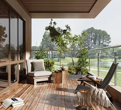 Modern Home Balcony Design With Outdoor Lounge Chairs Wooden Floor And Green Plants 3d model