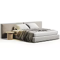 Modern Bedroom Interior With Upholstered Headboard Gray Pillows Soft Blanket And Wooden Bedside Table