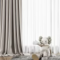 Gray Curtains And White Sheer In Room With Wooden Floor Rug Plush Toy Potted Tree