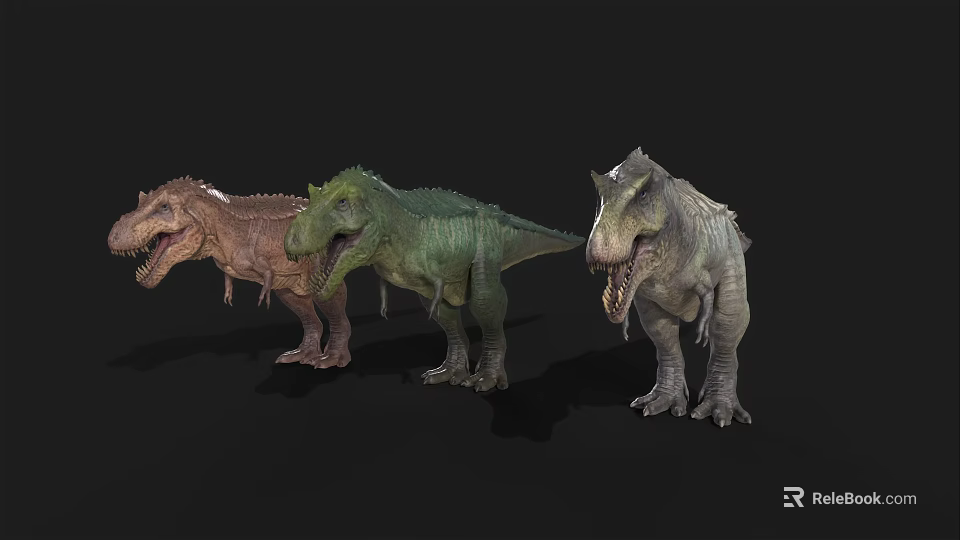 Three Different Colored Tyrannosaurus Rex 3D Models on Black Background 3d model 