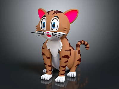 Cute Cartoon Cat Character with Brown Stripes Pink Ears Blue Eyes White Chest Paws 3d model