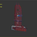 Modern Architectural Model Featuring Tall Glass Structure With Red Decorative Elements And Design