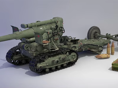 Military Artillery Weapon with Tracked Chassis and Cannon Barrel and Ammunition Shells 3d model