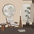 Modern Accent Chair With Wooden Frame Cream Cushion Textured Round Wall Art And Floor Lamp