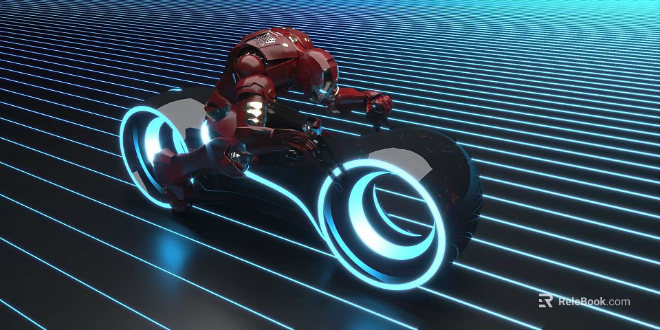 Futuristic Red Motorcycle With Glowing Blue Ring Wheels On Dark Ground With Blue Lines 3d model 