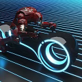 Futuristic Red Motorcycle With Glowing Blue Ring Wheels On Dark Ground With Blue Lines