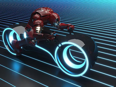 Futuristic Red Motorcycle With Glowing Blue Ring Wheels On Dark Ground With Blue Lines 3d model