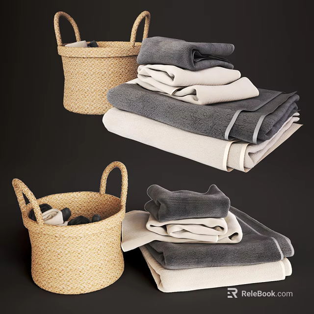 Decorative Woven Storage Baskets for Home with Stacked Gray and Beige Towels 3d model 