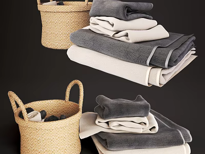 Decorative Woven Storage Baskets for Home with Stacked Gray and Beige Towels 3d model