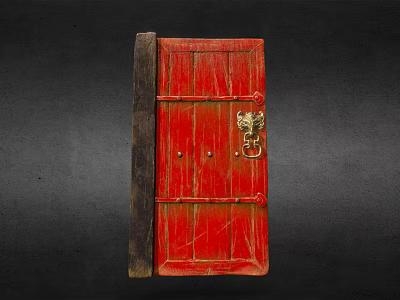 Brass Hardware Tools On Red Wooden Door With Decorative Latch 3d model