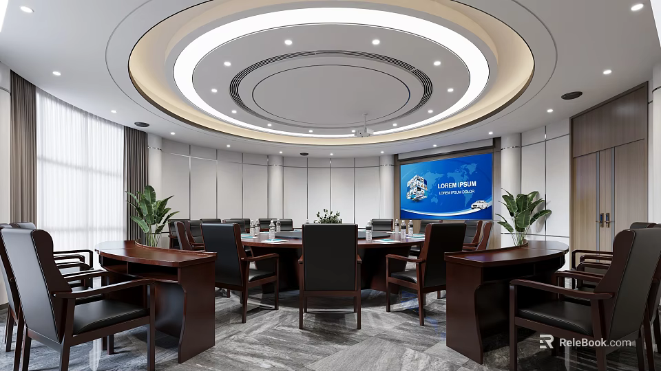 Modern Conference Room with Circular Ceiling Lighting Large Screen Wooden Table Black Chairs Green Plants 3d model 