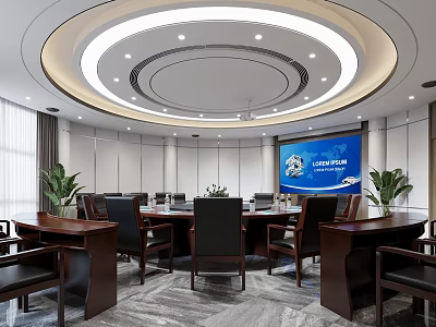 Modern Conference Room with Circular Ceiling Lighting Large Screen Wooden Table Black Chairs Green Plants 3d model