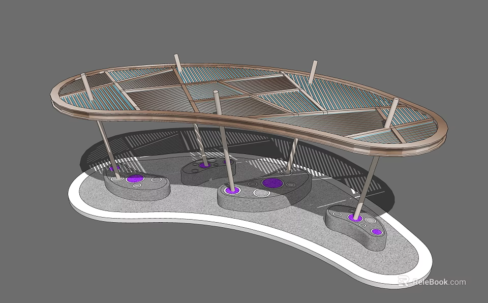 Modern Curved Pergola Structure With Glass Roof And Circular Concrete Bases 3d model 