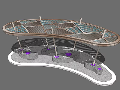 Modern Curved Pergola Structure With Glass Roof And Circular Concrete Bases 3d model
