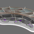 Modern Curved Pergola Structure With Glass Roof And Circular Concrete Bases