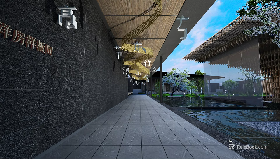 Modern Garden Ornaments With Stone Pathway Water Feature Wooden Ceiling And Green Plants Design 3d model 