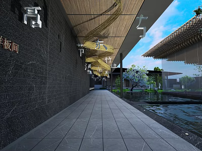 Modern Garden Ornaments With Stone Pathway Water Feature Wooden Ceiling And Green Plants Design 3d model