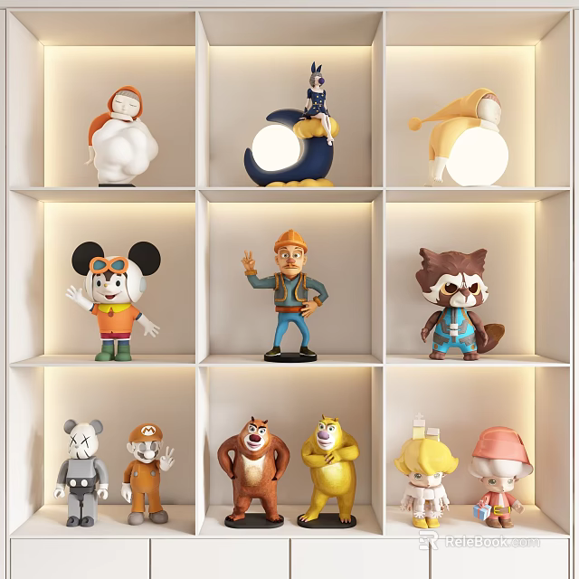 Colorful Stuffed Dolls Displayed On White Shelf With Grid Compartments And Soft Lighting 3d model 
