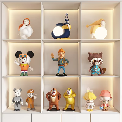 Colorful Stuffed Dolls Displayed On White Shelf With Grid Compartments And Soft Lighting 3d model