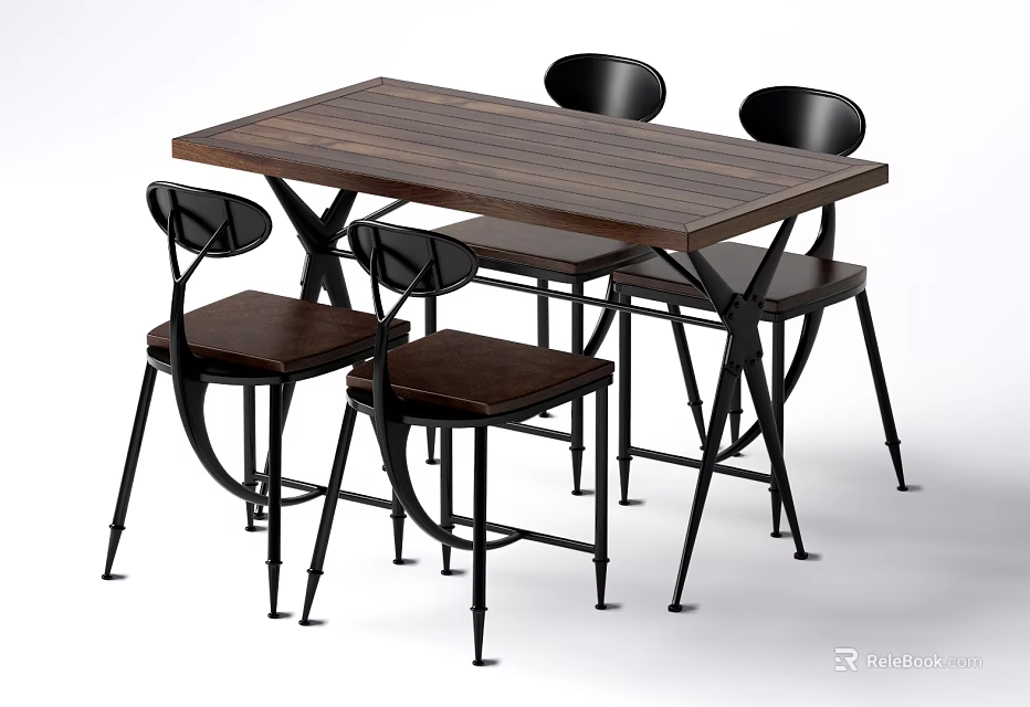 Modern Rectangular Dining Table Set With Wooden Tabletop And Black Metal Legs Four Chairs 3d model 