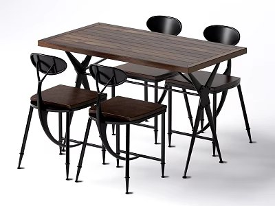 Modern Rectangular Dining Table Set With Wooden Tabletop And Black Metal Legs Four Chairs 3d model
