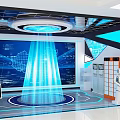 Hi Tech Exhibition Hall Featuring Large Screen Control Panel Blue Light And Robot