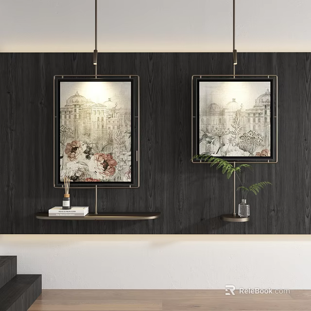 Framed Botanical Paintings With Vintage Architecture Hanging On Dark Wooden Wall Shelf 3d model 