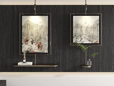 Framed Botanical Paintings With Vintage Architecture Hanging On Dark Wooden Wall Shelf 3d model