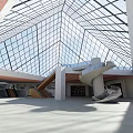 Main Glass Pyramid of Louvre with Smaller Pyramids in Open Square and Blue Sky