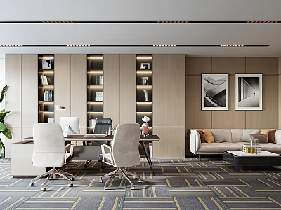 Modern Office Interior With Desk Chairs Sofa Bookshelves Artwork And Plants 3d model